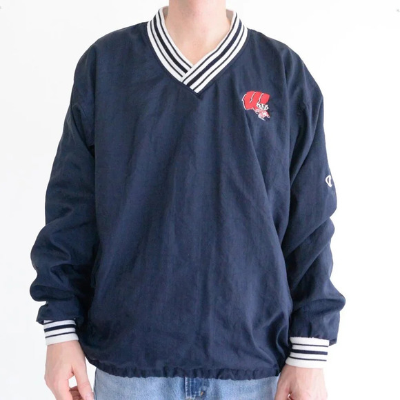 VTG 90S Champion Wisconsin Badgers Navy 100% Nylon Pullover Windbreaker Jacket L - Picture 1 of 12
